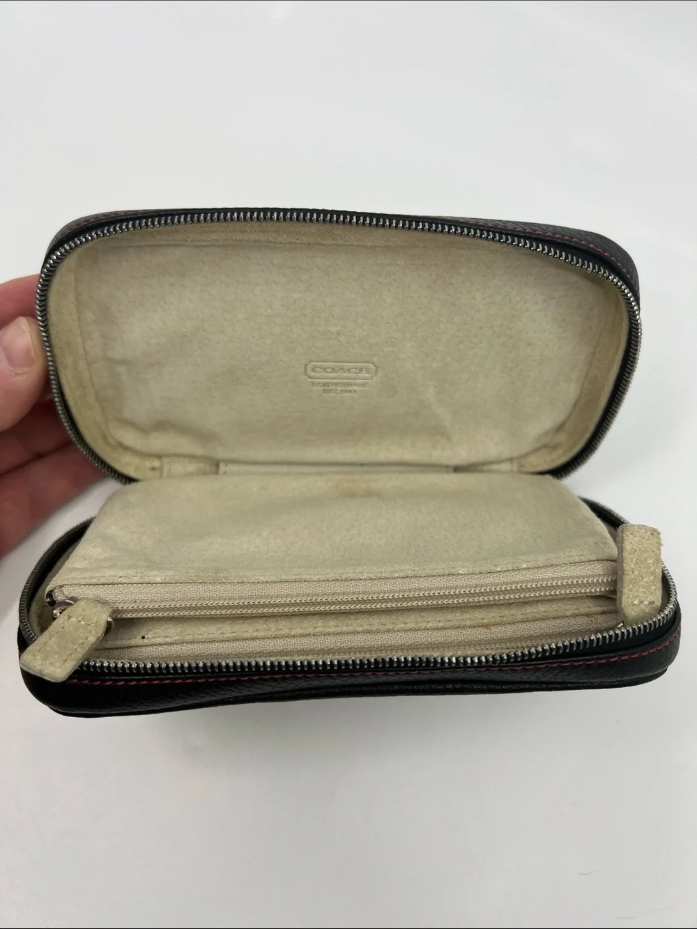 Coach Black Leather zip around Jewelry case with red stitching pig suede lined